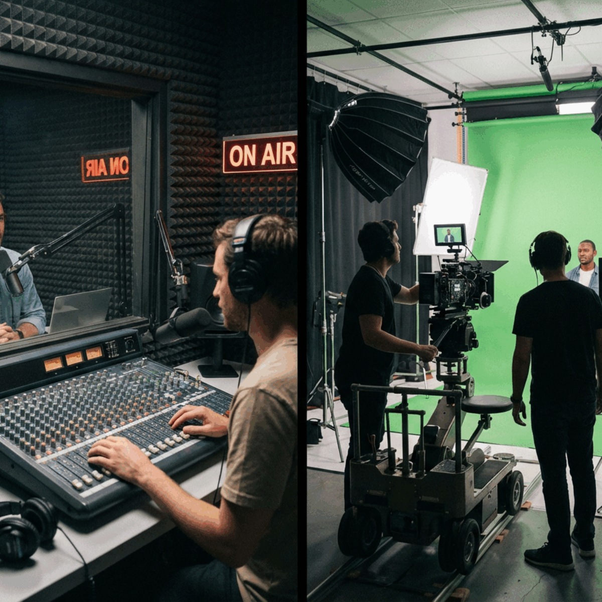 professionals recording audio on one side and recording video