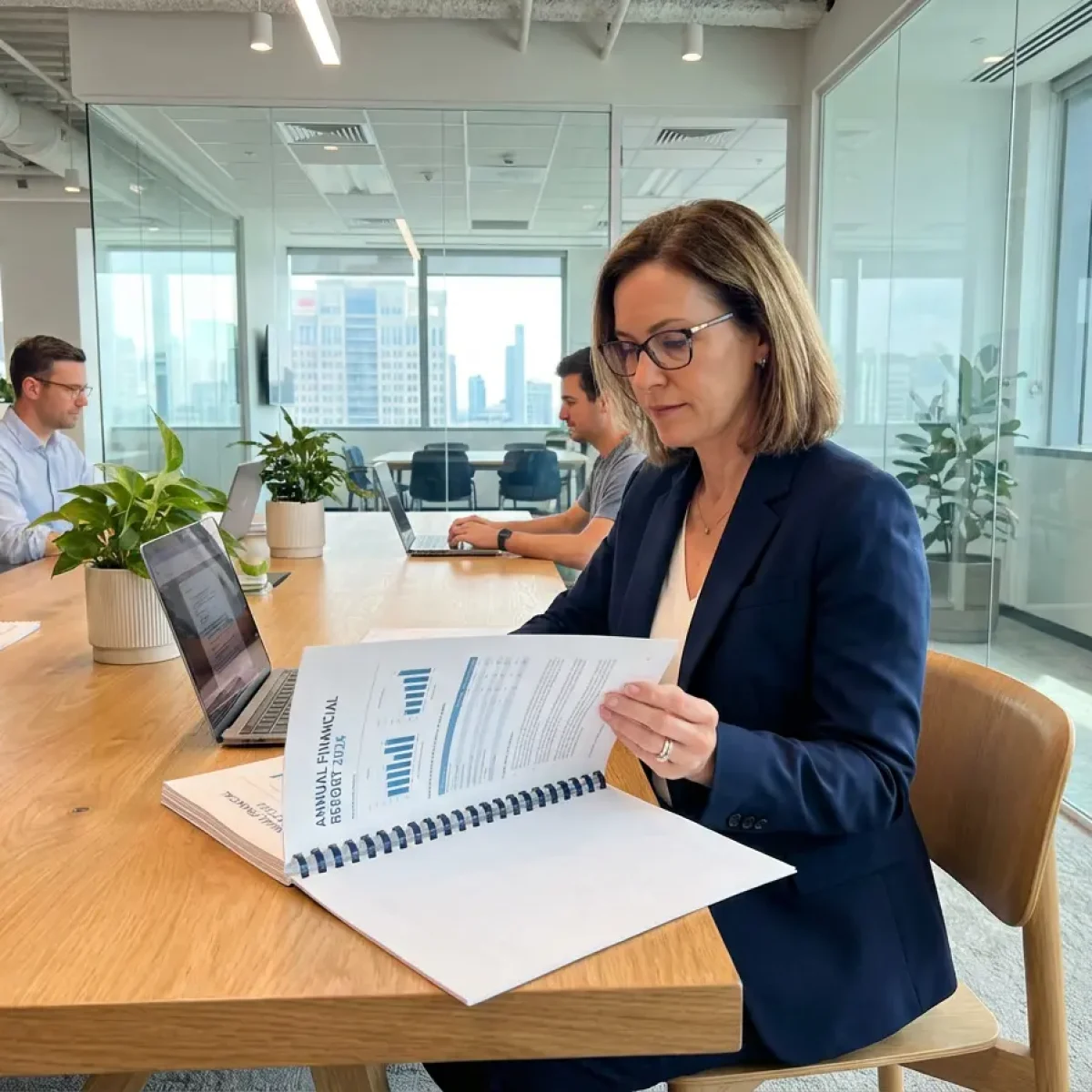 person reading large financial report in modern office